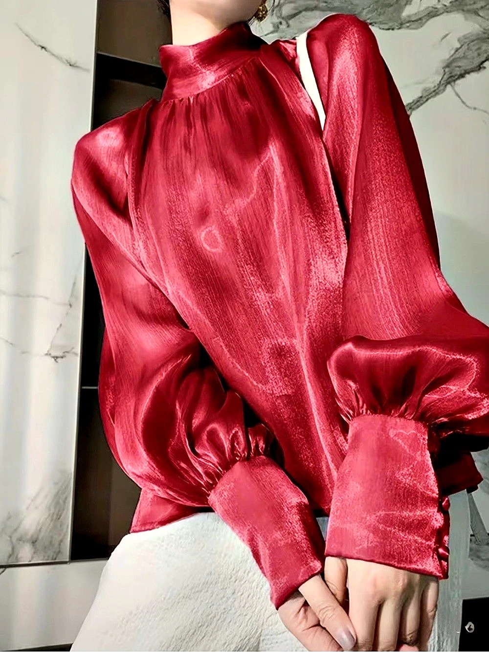 Organza Red Bow Neck Long Sleeve Blouse Like New Large